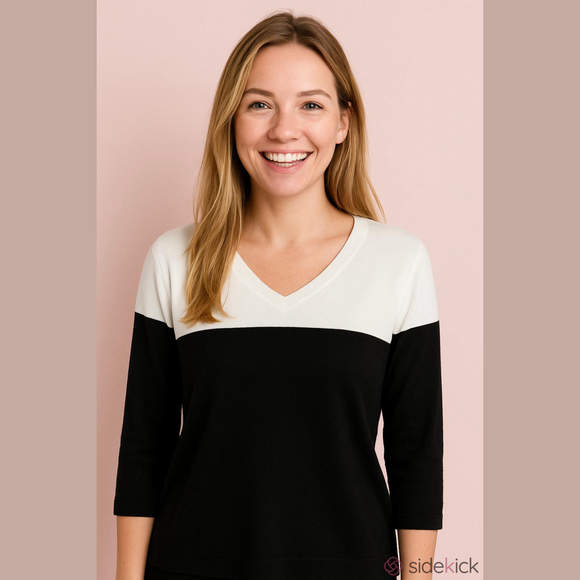 🦄 𝅺ROZ & Ali Color Block V-Neck Sweater Black & White Sz XL - Picture 1 of 9